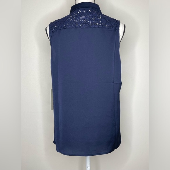 On The Go (OTG) Noel Navy Blue Sleeves Collard Button Up Lace Detail Blouse NWT - Picture 5 of 8